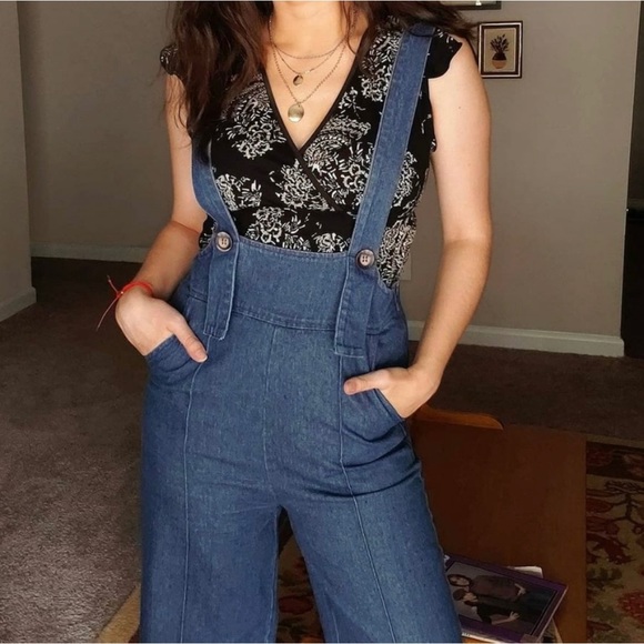 LE LIS Denim Jean Wide Leg Overalls - Picture 2 of 14